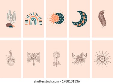 Boho Social Media cover Layout. Vector set of linear and abstract template in ethnic style for womanly profile, social media, mobile app. Modern boho stories with rainbow, dreamcatcher, feather, sun