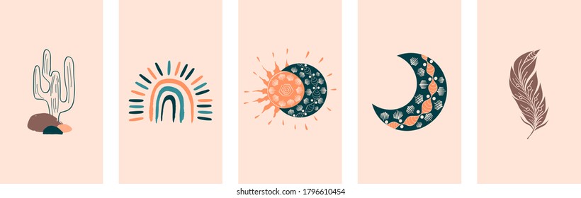 
Boho Social Media Cover Layout. Vector Set Of Bohemian Template In Ethnic Style For Womanly Profile, Social Media, Mobile App. Modern Boho Icons With Rainbow, Cactus, Feather, Sun, Moon