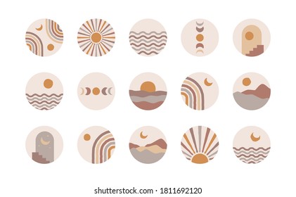 Boho social media highlight covers. Abstract stories contemporary style, sun moon story round icons, vector mid century illustration.