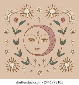 Boho space vintage art. Moonlight and stars. Vintage stylish hand-drawn set of full and crescent moon face, stellar symbols and more. Antique poster abstraction collection