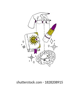Boho spiritual hand drawn black ink line art. Woman hand with purple nails is holding grimoire book, lipstick and a brain with a cat figure on strings. Bohemian Moonchild Aesthetics.