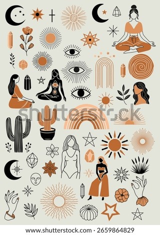 Boho spiritual vector clipart set with mystical symbols, crystals, women, moons, suns, rainbows, and plants. Ideal for prints, tarot, wellness branding, and magical designs.	