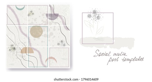 Boho square puzzle layout. Social media post templates. Design background for banner. Set of frame. Trendy editable vector cover. Mock up for blog or shop. Layout for promotion. 