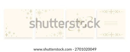 Boho square templates set with golden star and sparkle borders in minimalist style, for greeting cards, invitations, social media , thank you notes, packaging, branding, wedding.Vector illustration