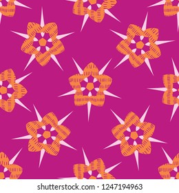 Boho Star Flower Blooms All Over Print Vector. Colorful Floral Seamless Repeating Pattern. Feminine Background. Hand Drawn Fashion Prints, Wallpaper, Girly Stationery, Hipster Purple Garden Packaging.