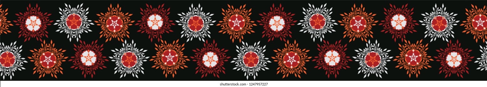 Boho Star Flower Blooms Vector Stripes Border Banner. Folklore Seamless Repeating Ribbon. Hipster Black Background. Striped for Trendy Fashion Trim, Ethnic Textile Edge, Stationery, Floral Packaging