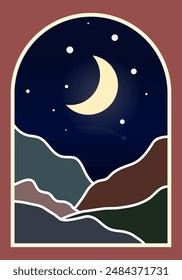 Boho, starry sky, moon, mountains, night mountain landscape