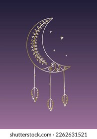 Boho stars and moon. Hand drawn celestial elements. Vector hand drawn illustration. Moon aesthetic poster. Golden moon printable wall art.