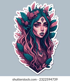 Boho sticker with a girl with freckles surrounded with flowers and leaves