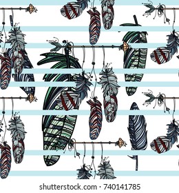 Boho stile. Seamless pattern with hand drawn dreamcatcher with athnic arrow and beautiful feathers and blue stripes.