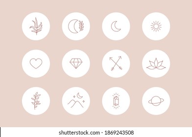 Boho Story Highlight Covers. Magical Social Media Mystic Minimal Icons, Bohemian Hand Drawn Logo Design. Vector Illustration