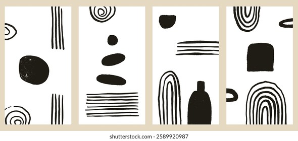 Boho story post set. Abstract japandi decoration. Vector geometry shapes background zen aesthetic. Swirls and arc curve freehand lines on rice paper. Retro pebble and vase graphic ornament.