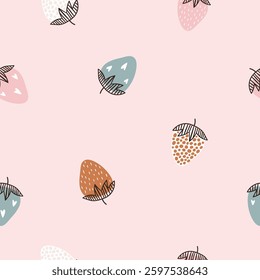 Boho Strawberry Seamless Pattern. Hand-Drawn Vector Background in Pastel Colors for Fabric, Wrapping Paper, and Wallpaper.