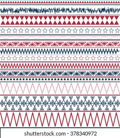 Boho stripes. Seamless vector tribal texture. USA Independence day patterns, background in red, blue and white colors - flag of America. 
