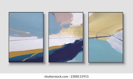 Boho style abstract art vector triptych, watercolor textured vector pattern