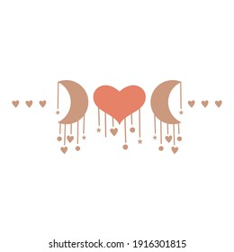 Composición abstracta de estilo boho con corazones y luna creciente. Ilustración vectorial.