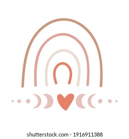 Boho style abstract composition with hearts and rainbow. Vector illustration.