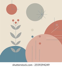 Boho style abstract design featuring geometric shapes and botanical elements in soft pastel colors for creative inspiration