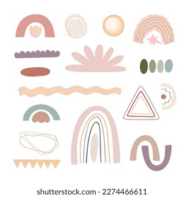 Boho style abstract shapes set, simple hand drawn art objects vector illustration in trendy pastel colors, minimalist collection perfect for making cards, banners, modern posters, textile, papercraft