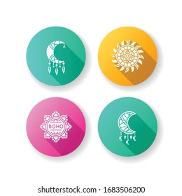 Boho style accessories flat design long shadow glyph icons set. Lotus flower, Indian mandala. Crescent moon shape amulets. Dreamcather handmade charm. Silhouette RGB color illustration