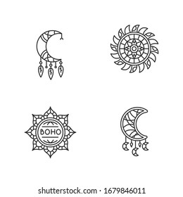 Boho style accessories pixel perfect linear icons set. Esoteric amulets. Dreamcatcher handmade charm. Customizable thin line contour symbols. Isolated vector outline illustrations. Editable stroke