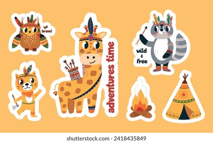 Boho style animals stickers set. Children decorative cartoon mascots, wild animal with arrows. Funny owl, raccoon and giraffe, vector clipart