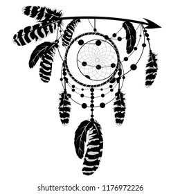 Boho style arrow with dream catcher, stylized native american design.