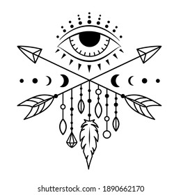 Boho style arrow with evil eye, threads, feathers and beads. Tribal vector symbol of mystic, magic and esoteric. Occult logo, alchemy design elements. Silhouette sign.