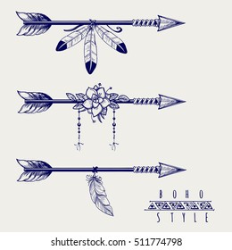 Boho style arrows with feathers and flowers design. Vector illustration