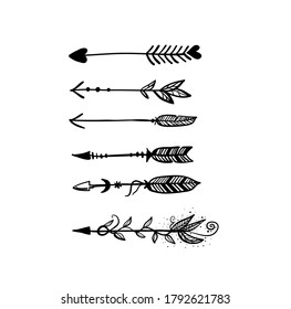 
Boho style arrows set. Arrows with feather, leaves, heart. Vector set of arrows. Doodle, black lines.