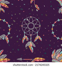 Boho style art editable seamless pattern. Indian headdress, bow and arrow