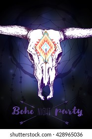 boho style art, night party poster; vector illustration; cow skull, native ornament, dream catcher on background; hand drawn vector illustration