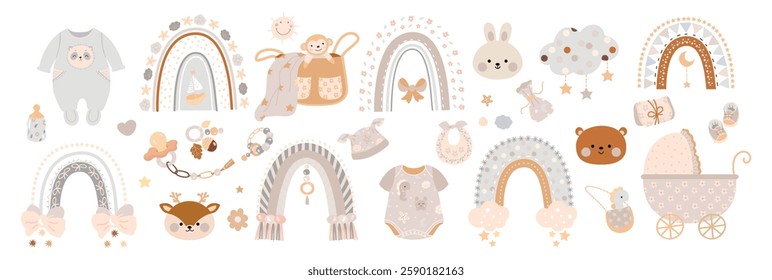 Boho style baby elements. Rainbow toys newborn carriage, pacifier and toddler clothes. Scandinavian retro stickers, scrapbook decorations, nowaday vector set