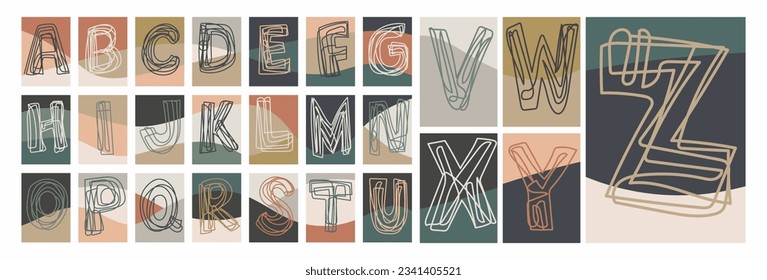 Boho style background alphabet set with textured designs wall decor set cover design abstract boho colors and lines vector mega set competiable with A3 and A4 sizes