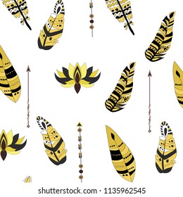 boho style background, feathers, arrows, black and yellow, beautiful background.