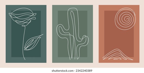 Boho style background set with textured designs wall decor set cover design abstract boho colors and lines flower cactus sun hill mountain vector