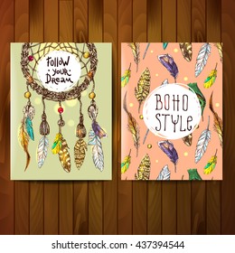 Boho style banner set with sketch dreamcatcher and feathers pattern. Hand drawn boho illustration.