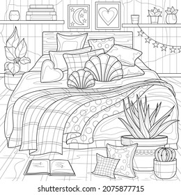 Boho style bedroom  Interior Coloring book antistress for children   adults  Illustration isolated white background Zen  tangle style  Hand draw