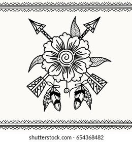Boho style, Black and white illustration of beautiful flower with arrows. Creative hand drawn decorative element.