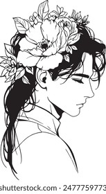 Boho style black and white line illustration of a young man with dark hair, wearing a flower crown and looking contemplative.