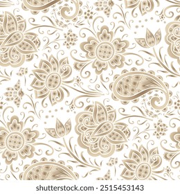 Boho style brown floral ornament, white background. Seamless floral pattern-393.