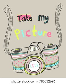 boho style camera illustration for girl apparels and other uses