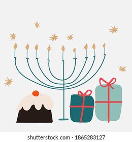 Boho  style card, Hanukkah greetings, minimalistic style elements, trendy colors. 