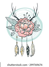 Boho style card. Vector illustration. Flowers, feathers, horns and leaves. 