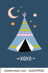 Boho style children illustration with wigwam. Cute vector card for kids. Graphic print with ethnic tent, moon and stars