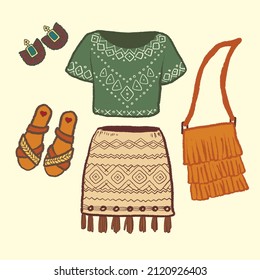 Boho style clothes vector illustration. Bohemian fashion look for woman: skirt, t-shirt, sandals and accessories