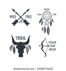 Boho Style Collection, Wild Free, Come Dreams True, Follow Your Dream Templates Can be Used for Banner, Flyer, Placard, Card Black and White Vector Illustration