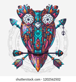 Boho style colored owl with tribal arrows. Hand drawn style vector illustration. Bohemian tribal owl with a dream catcher. Totem owl