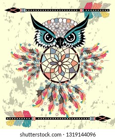 Boho style colored owl with tribal arrows. Bohemian tribal owl with a dream catcher. Totem owl