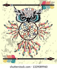 Boho style colored owl with tribal arrows. Bohemian tribal owl with a dream catcher. Totem owl.